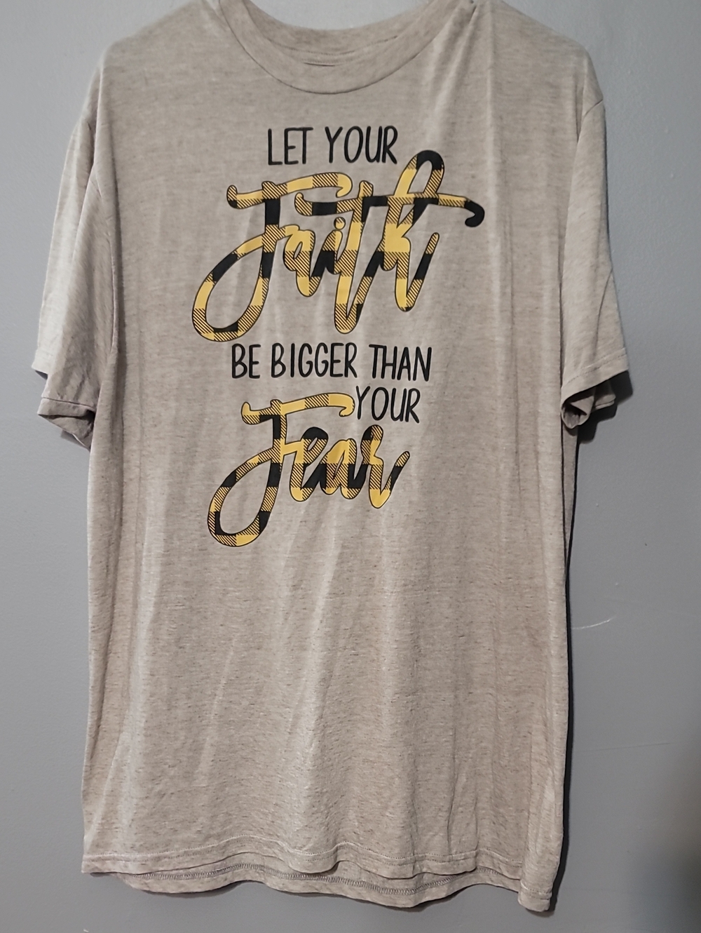 Women's Neutral Graphic Tee with Yellow Script Faith Message